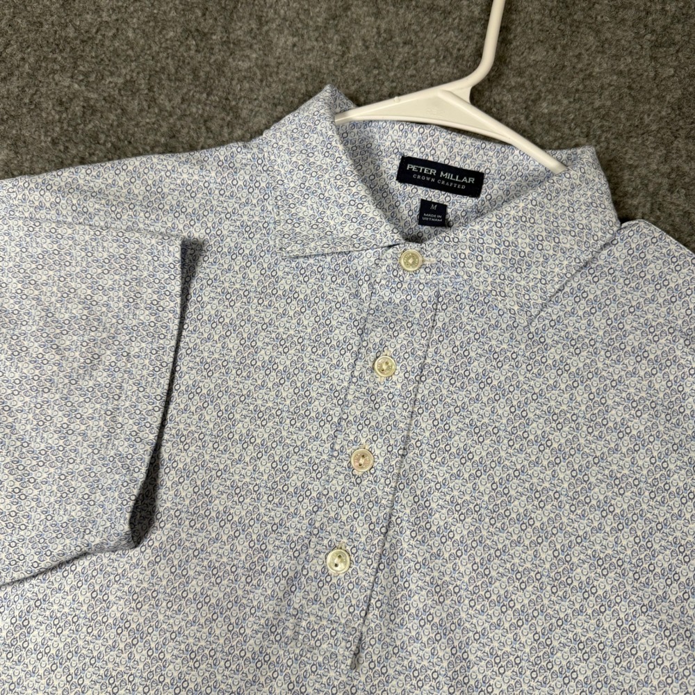 Peter Millar Crown Crafted Polo Shirt Mens Medium Blue White Watch Print Jersey